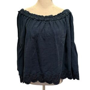 American Eagle Blouse Size M Blue Off the Shoulder Bell Sleeve Embroidered Crop